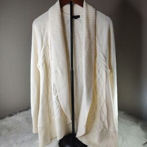 Talbots Women Creme Open Front Shawl Collar Cable Knit Cardigan Lambswool Sz PL